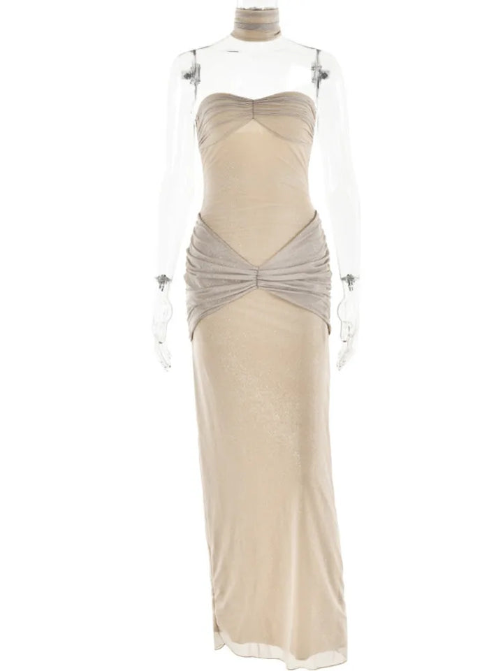 Strapless Shimmer Maxi Dress – Elegant Ruched Evening Dress for Women