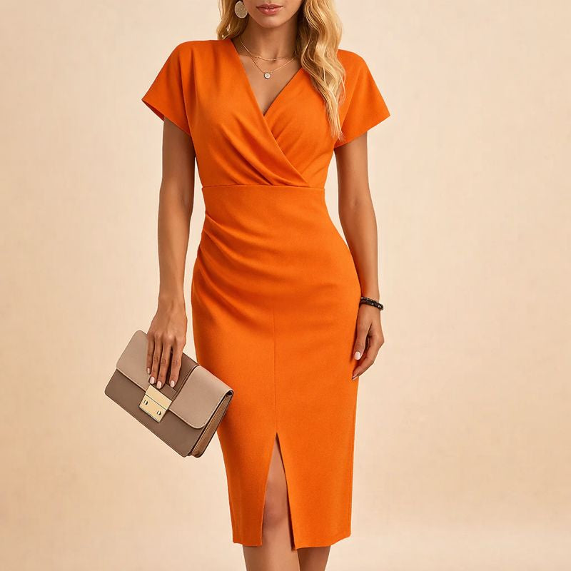 Celine | Women’s V-Neck Midi Dress with Front Slit