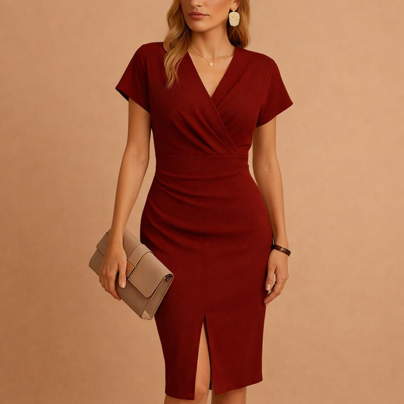 Celine | Women’s V-Neck Midi Dress with Front Slit