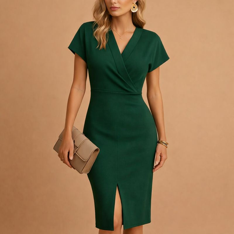 Celine | Women’s V-Neck Midi Dress with Front Slit