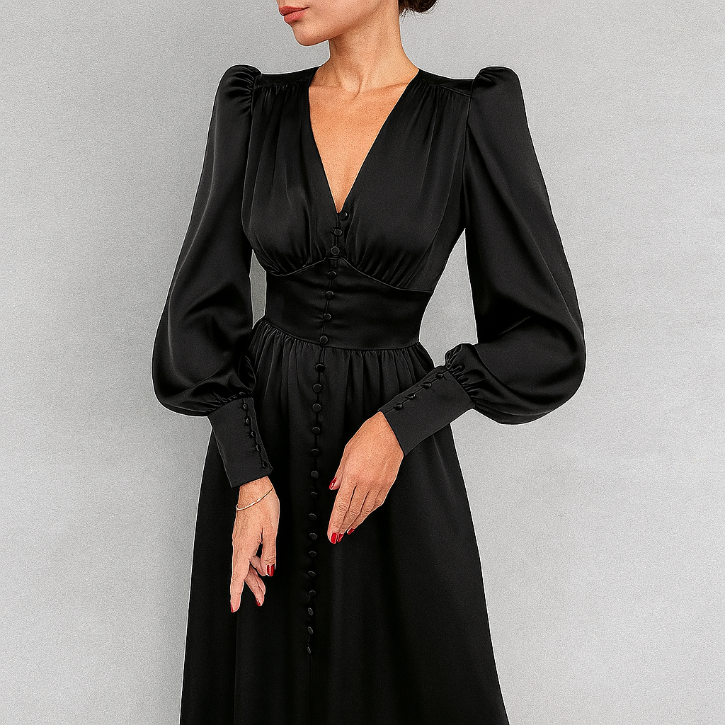 Sienna Calloway | Satin Button-Down V-Neck Midi Dress For Women