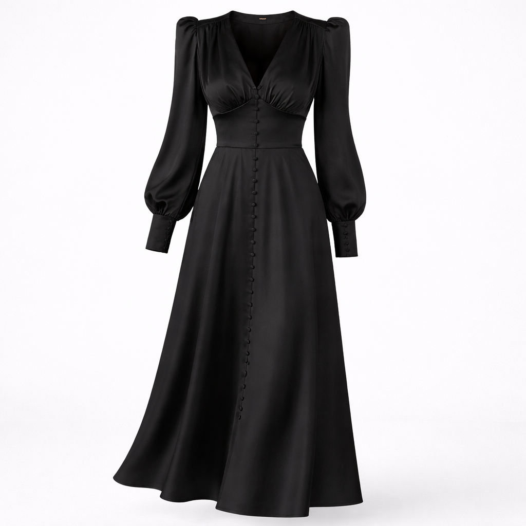 Sienna Calloway | Satin Button-Down V-Neck Midi Dress For Women