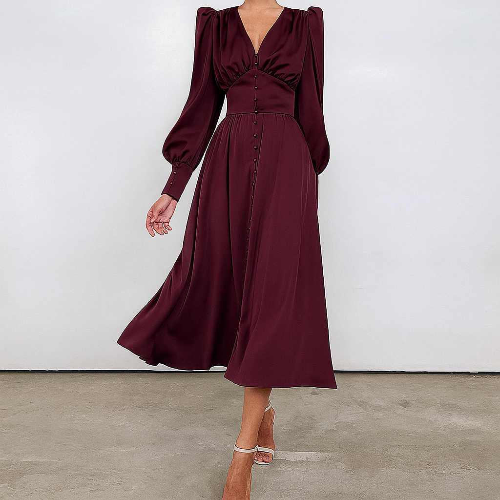Sienna Calloway | Satin Button-Down V-Neck Midi Dress For Women