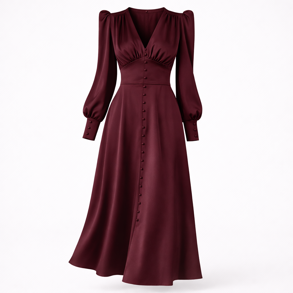 Sienna Calloway | Satin Button-Down V-Neck Midi Dress For Women
