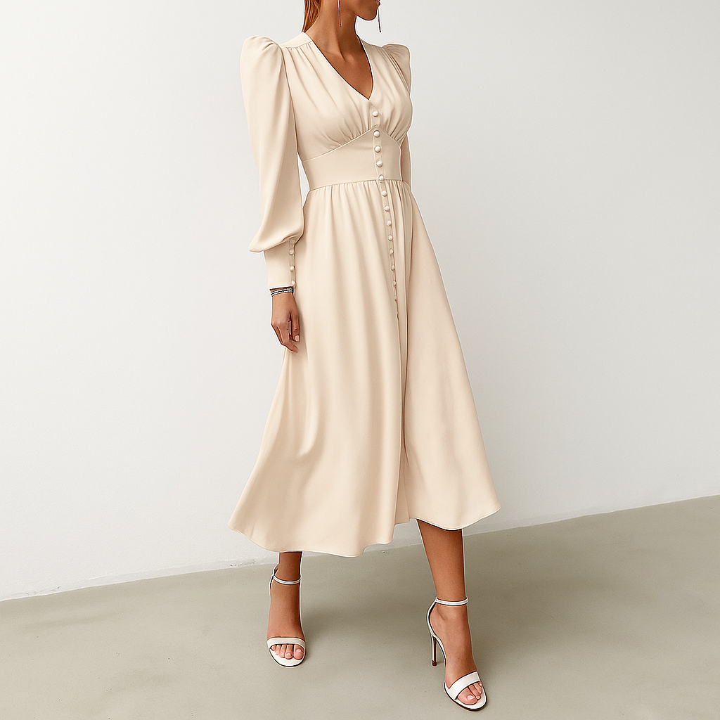 Sienna Calloway | Satin Button-Down V-Neck Midi Dress For Women