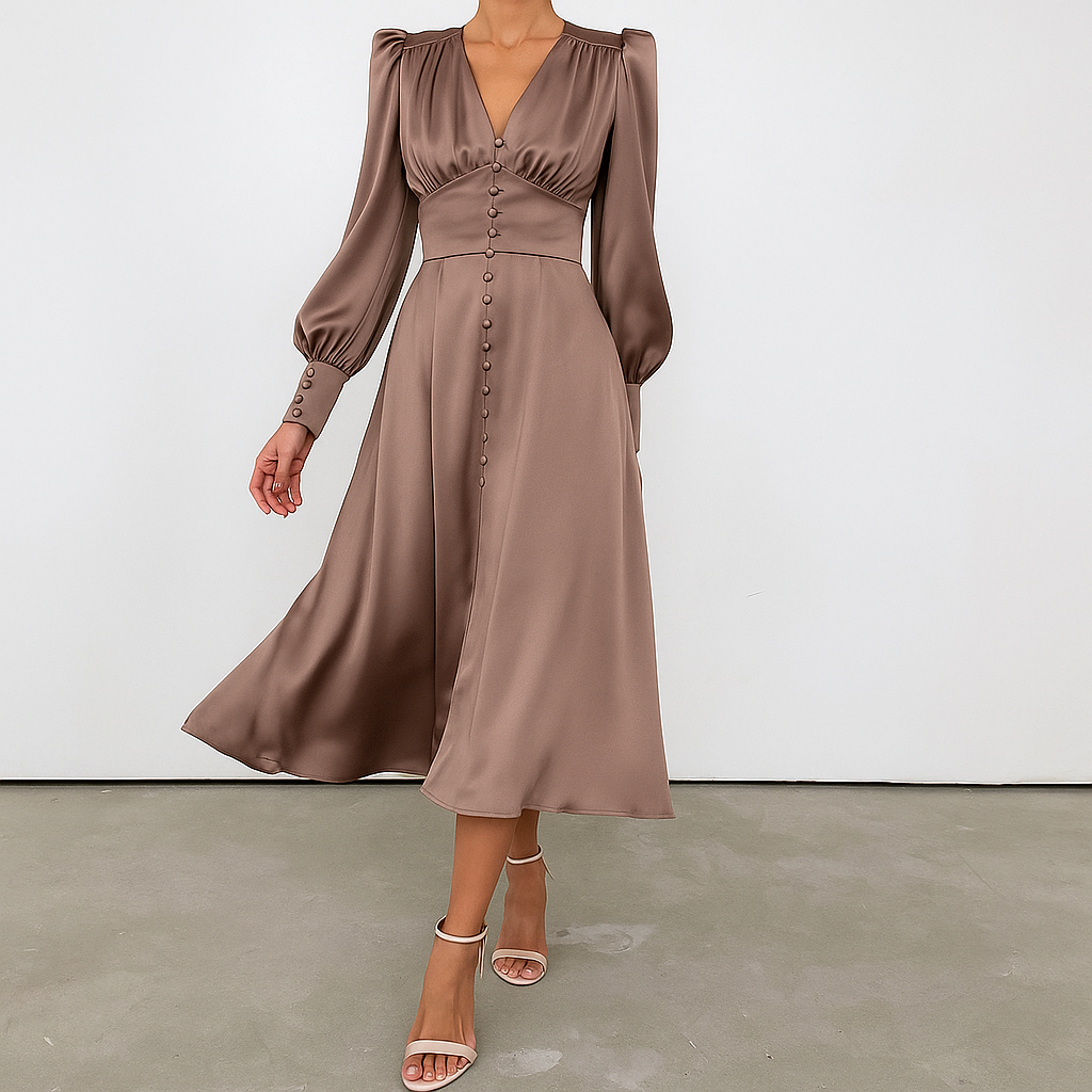 Sienna Calloway | Satin Button-Down V-Neck Midi Dress For Women