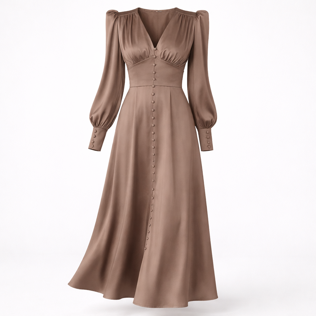 Sienna Calloway | Satin Button-Down V-Neck Midi Dress For Women