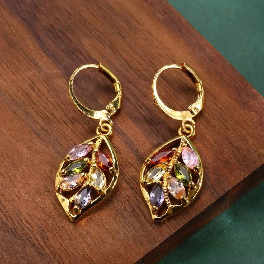 Sophia |  Women’s Leaf Drop Earrings with Colour Stones