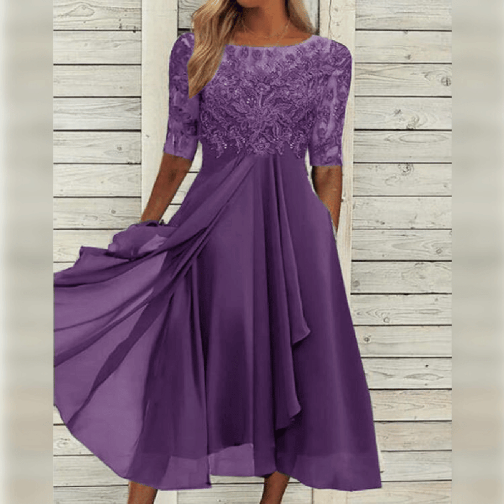 Elegant Flowy Women's Party Dress with Lace Bodice