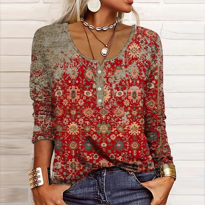 Zara | Women’s Boho Floral Print Blouse with V-Neck