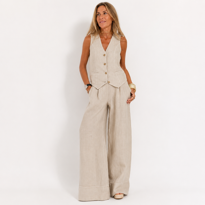 Emma Sheridan | Linen Vest &amp; Wide-Leg Pants Set For Women