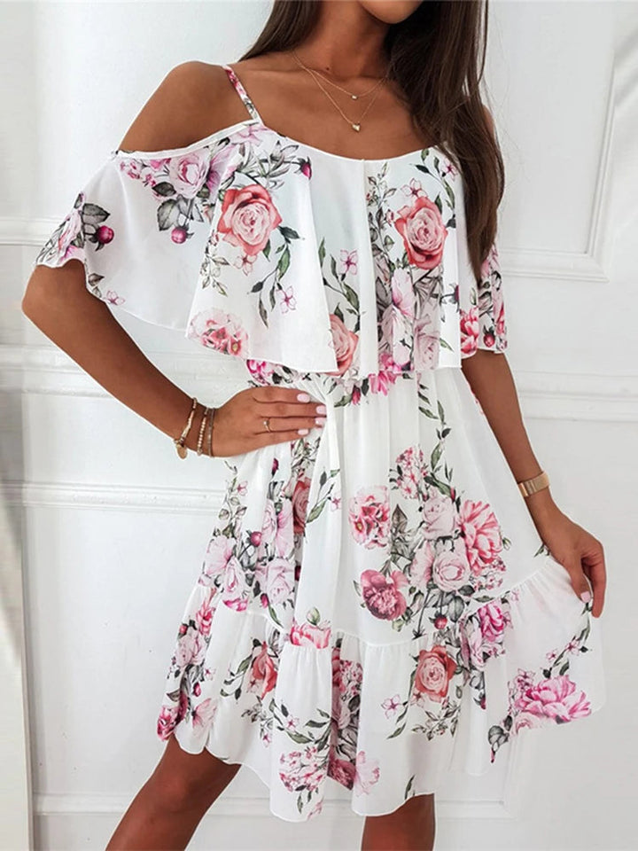 Floral Chiffon Mini Dress – Off-Shoulder Summer Style for Wedding Guests