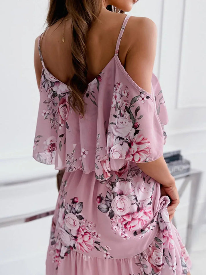 Floral Chiffon Mini Dress – Off-Shoulder Summer Style for Wedding Guests