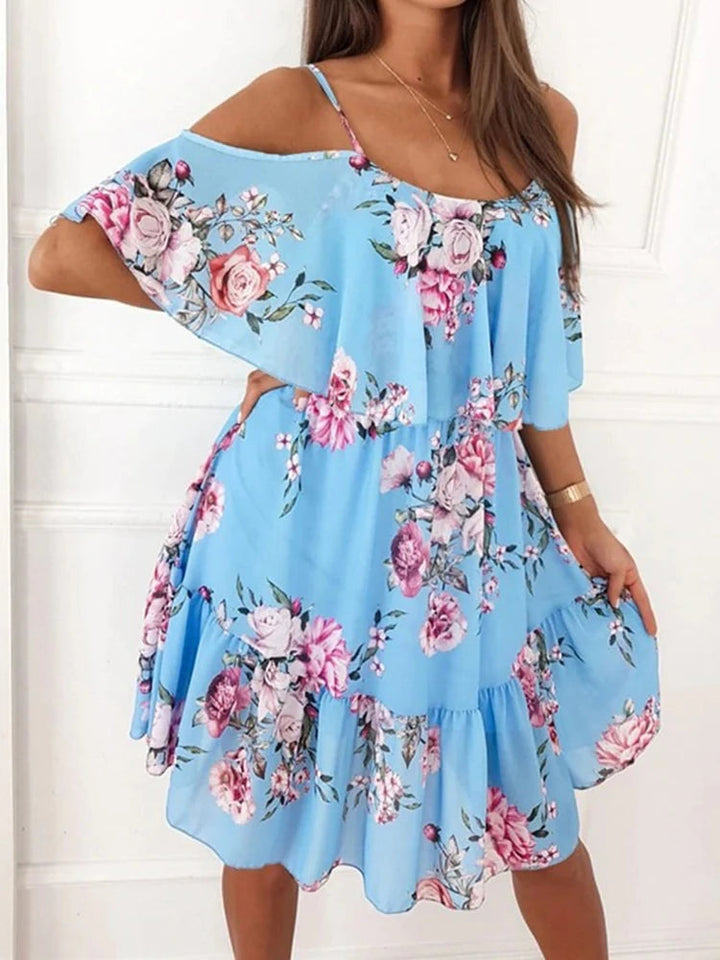 Floral Chiffon Mini Dress – Off-Shoulder Summer Style for Wedding Guests