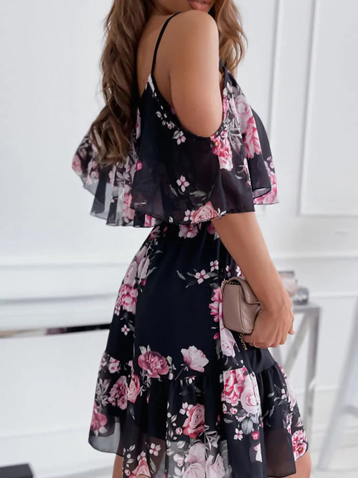 Floral Chiffon Mini Dress – Off-Shoulder Summer Style for Wedding Guests