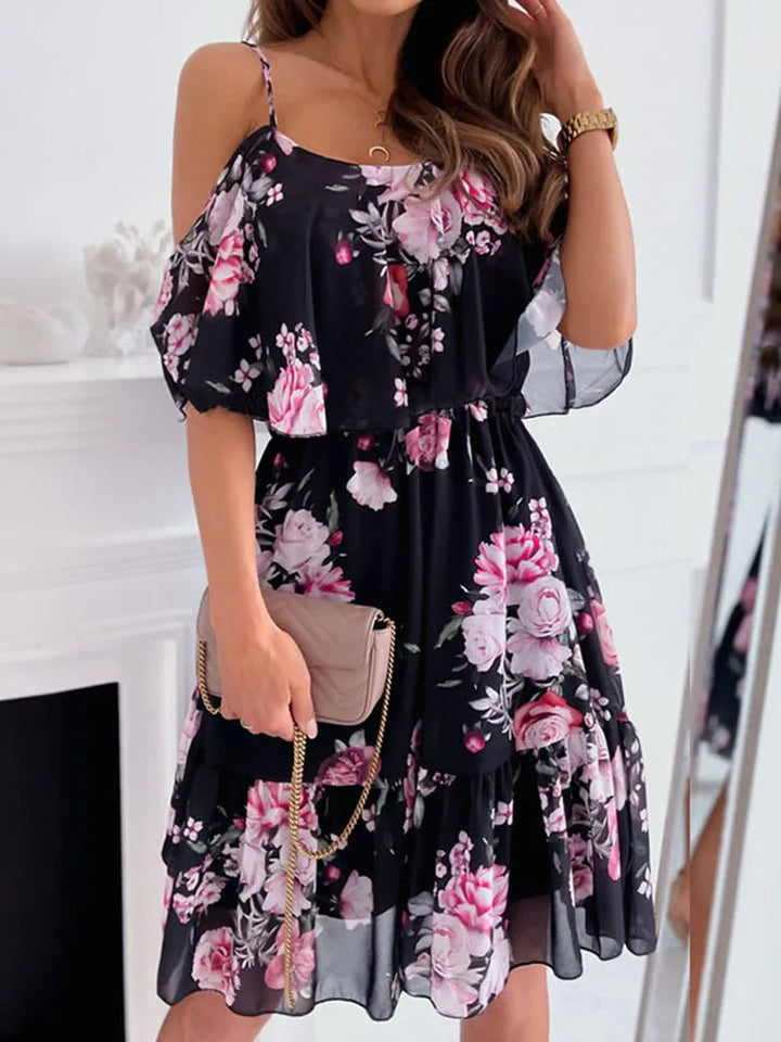 Floral Chiffon Mini Dress – Off-Shoulder Summer Style for Wedding Guests