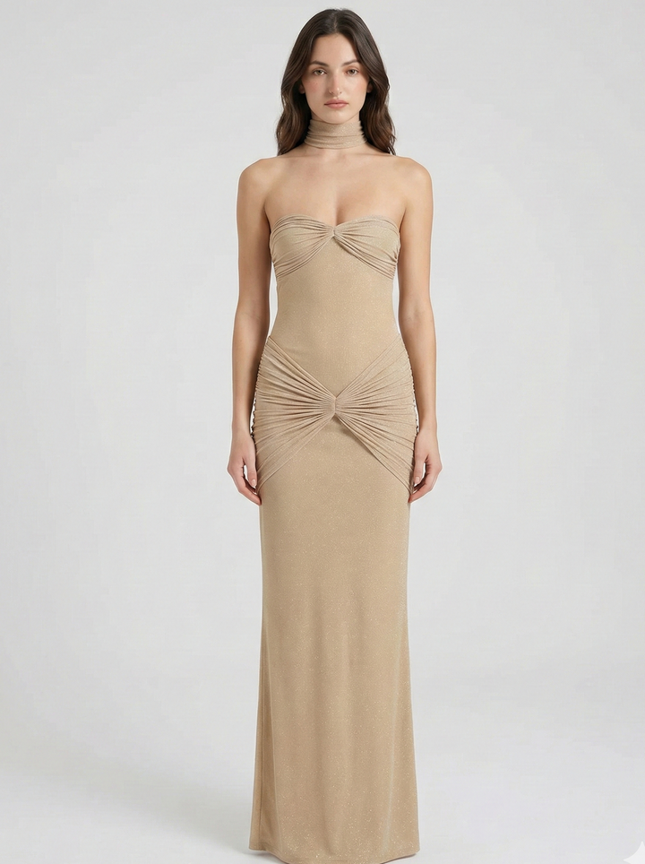 Strapless Shimmer Maxi Dress – Elegant Ruched Evening Dress for Women