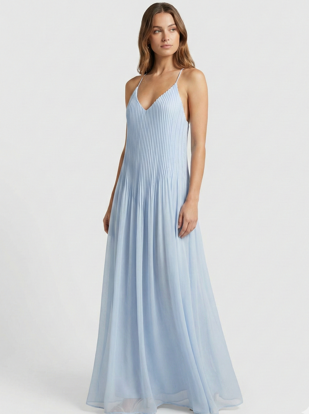 Pleated Spaghetti Strap Maxi Dress with Flowing Silhouette