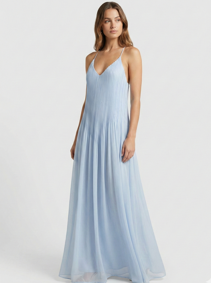 Pleated Spaghetti Strap Maxi Dress with Flowing Silhouette