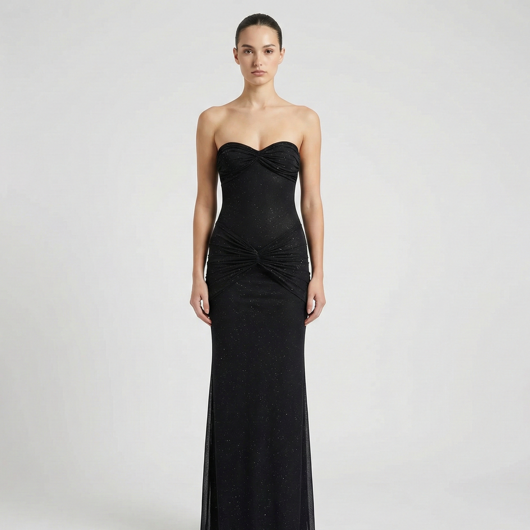 Strapless Shimmer Maxi Dress – Elegant Ruched Evening Dress for Women