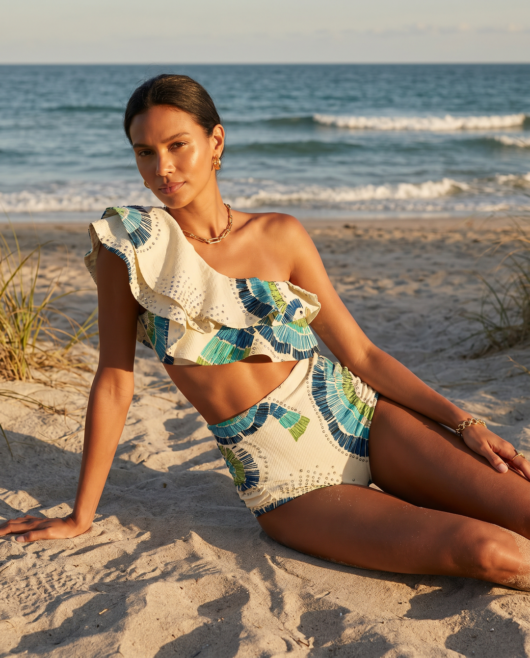 One-Shoulder High-Waist Bikini Set with Embellished Detail