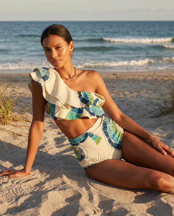 One-Shoulder High-Waist Bikini Set with Embellished Detail