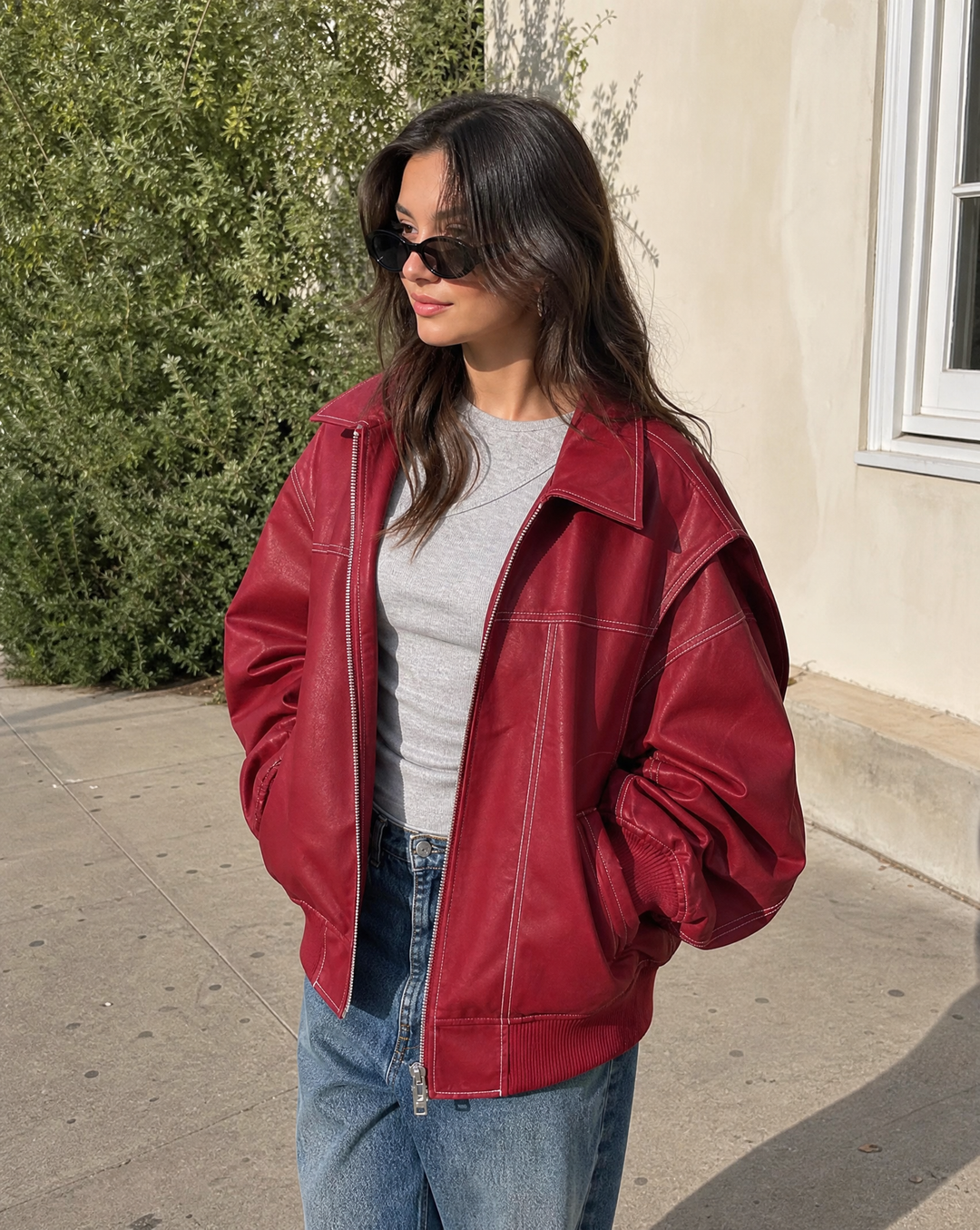 Oversized Zip-Up Bomber Jacket with Collar for Women