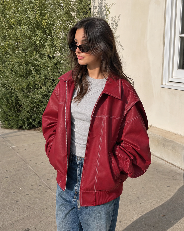 Oversized Zip-Up Bomber Jacket with Collar for Women