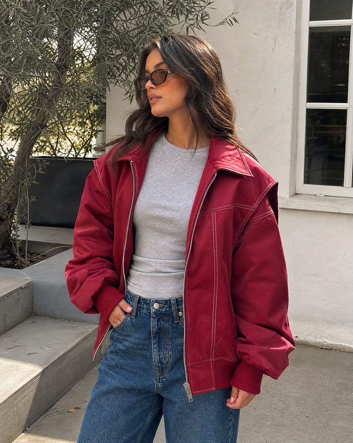 Oversized Zip-Up Bomber Jacket with Collar for Women
