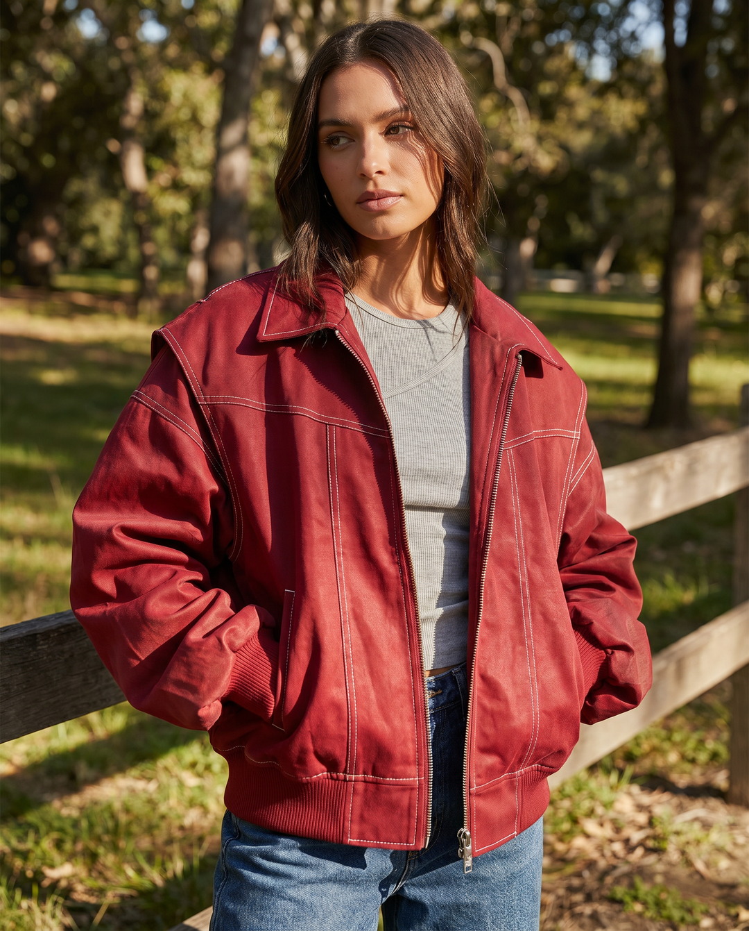 Oversized Zip-Up Bomber Jacket with Collar for Women