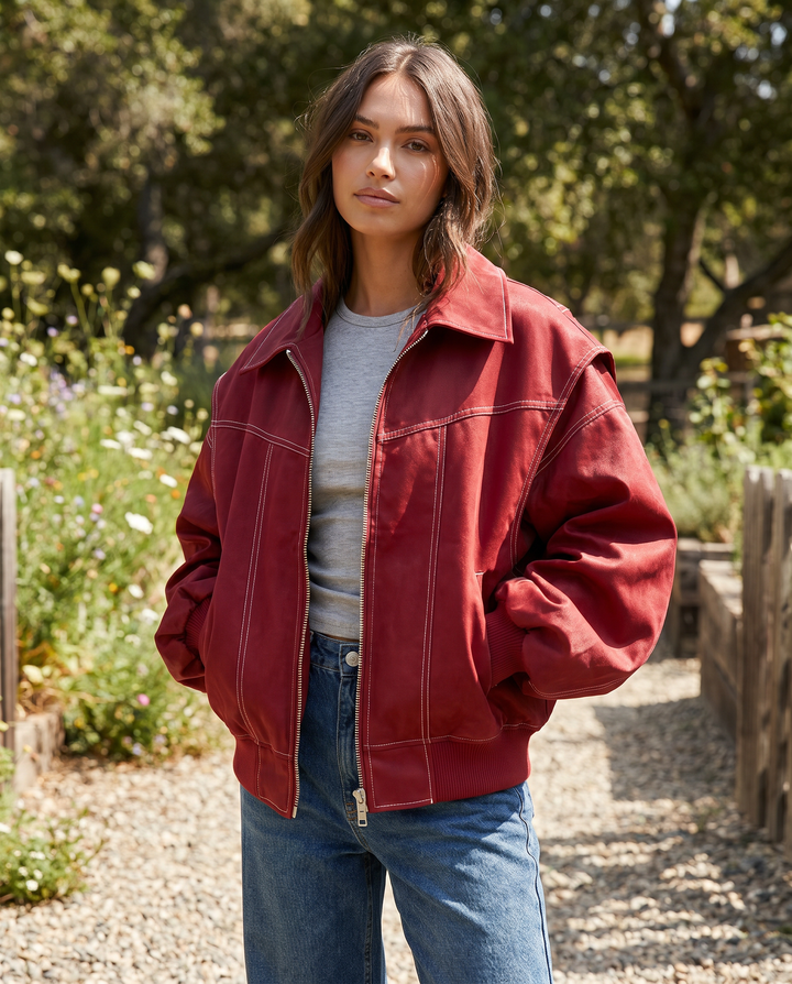Oversized Zip-Up Bomber Jacket with Collar for Women