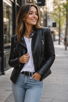 Faux Leather Biker Jacket with Zip Details for Women