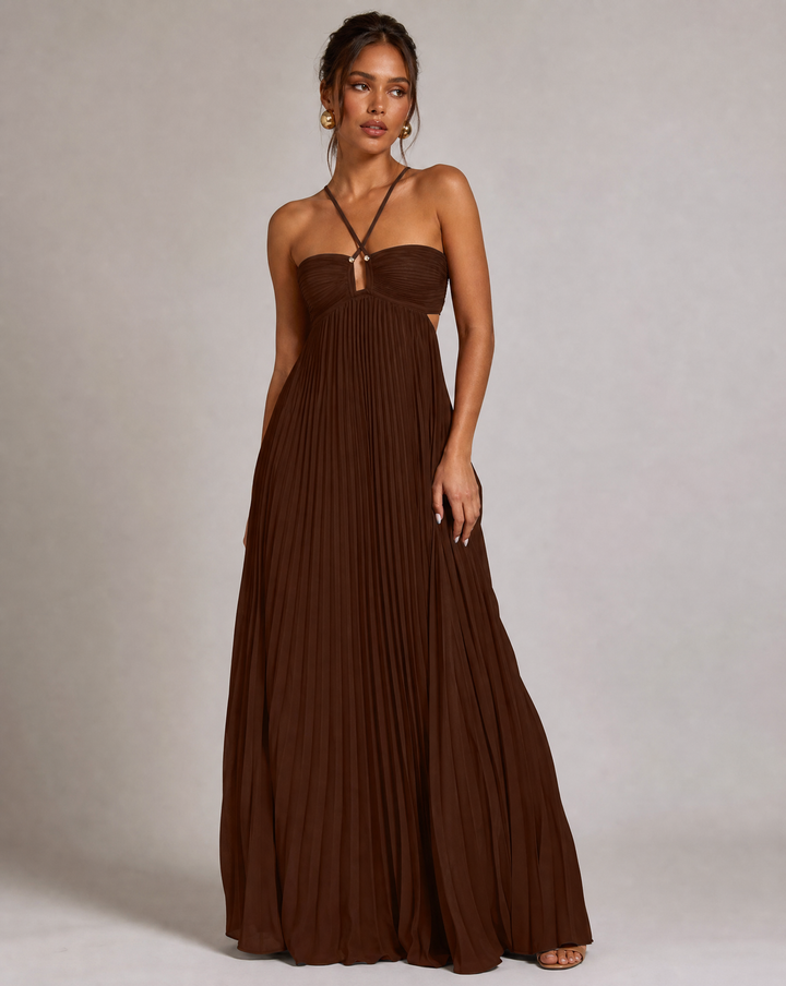 Pleated Halter Neck Maxi Dress with Open Back Detail