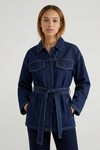 Women’s Belted Denim Utility Jacket with Structured Collar and Relaxed Fit
