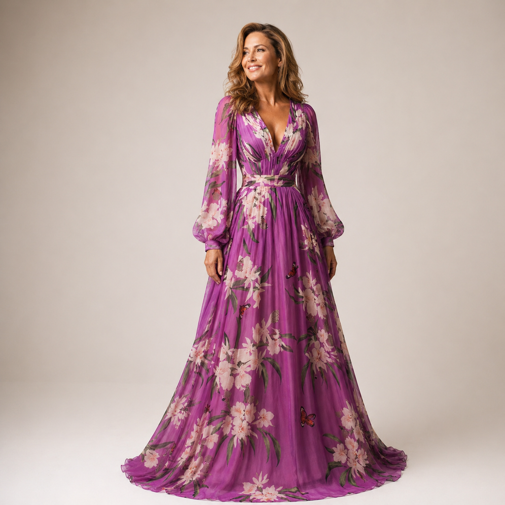 Charlotte Campbell | Purple Floral Chiffon Maxi Dress For Women