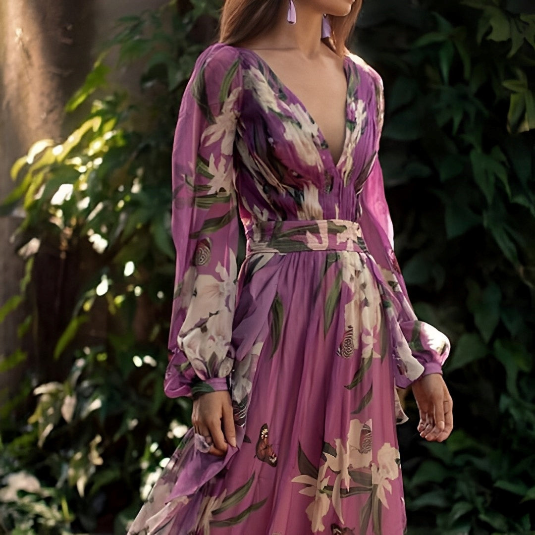 Charlotte Campbell | Purple Floral Chiffon Maxi Dress For Women