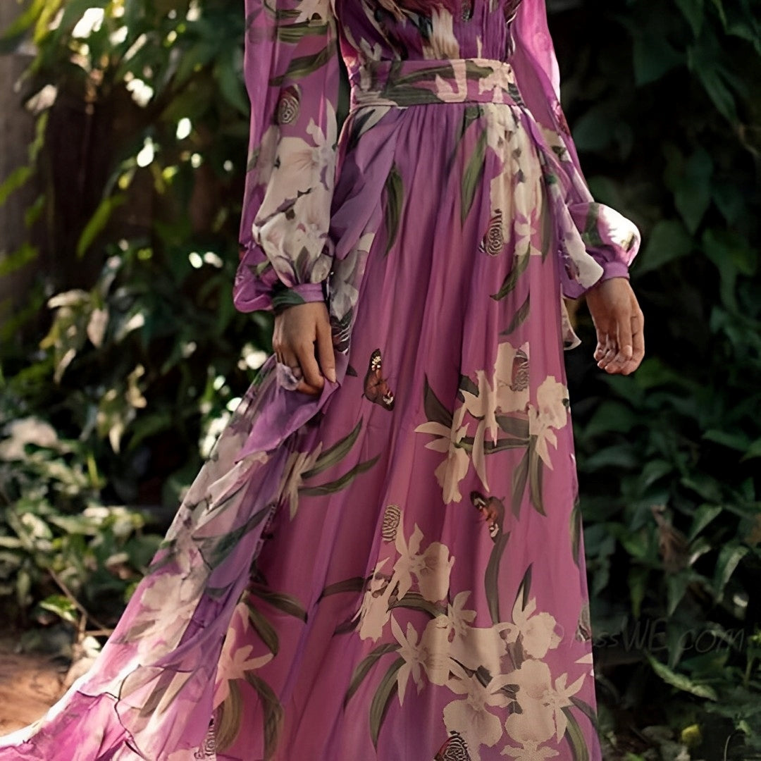 Charlotte Campbell | Purple Floral Chiffon Maxi Dress For Women