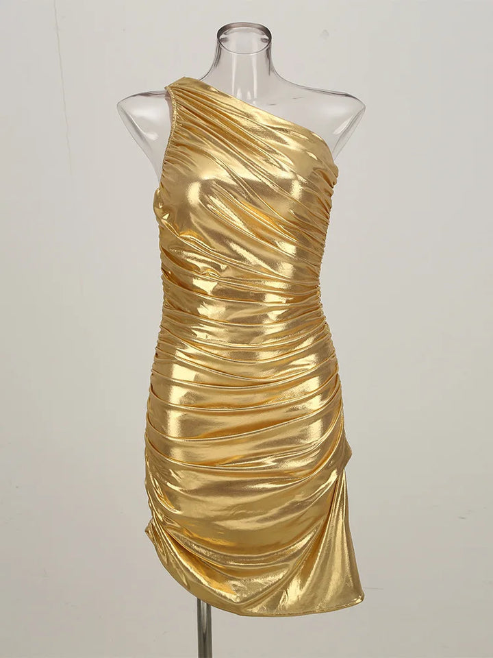 Gold One-Shoulder Evening Midi Dress