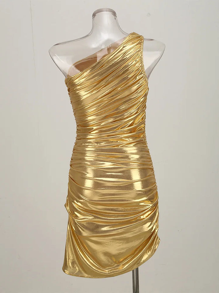 Gold One-Shoulder Evening Midi Dress