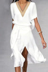 Livia | Women's White Wrap Midi Dress V-Neck Short Sleeve Belted Dress