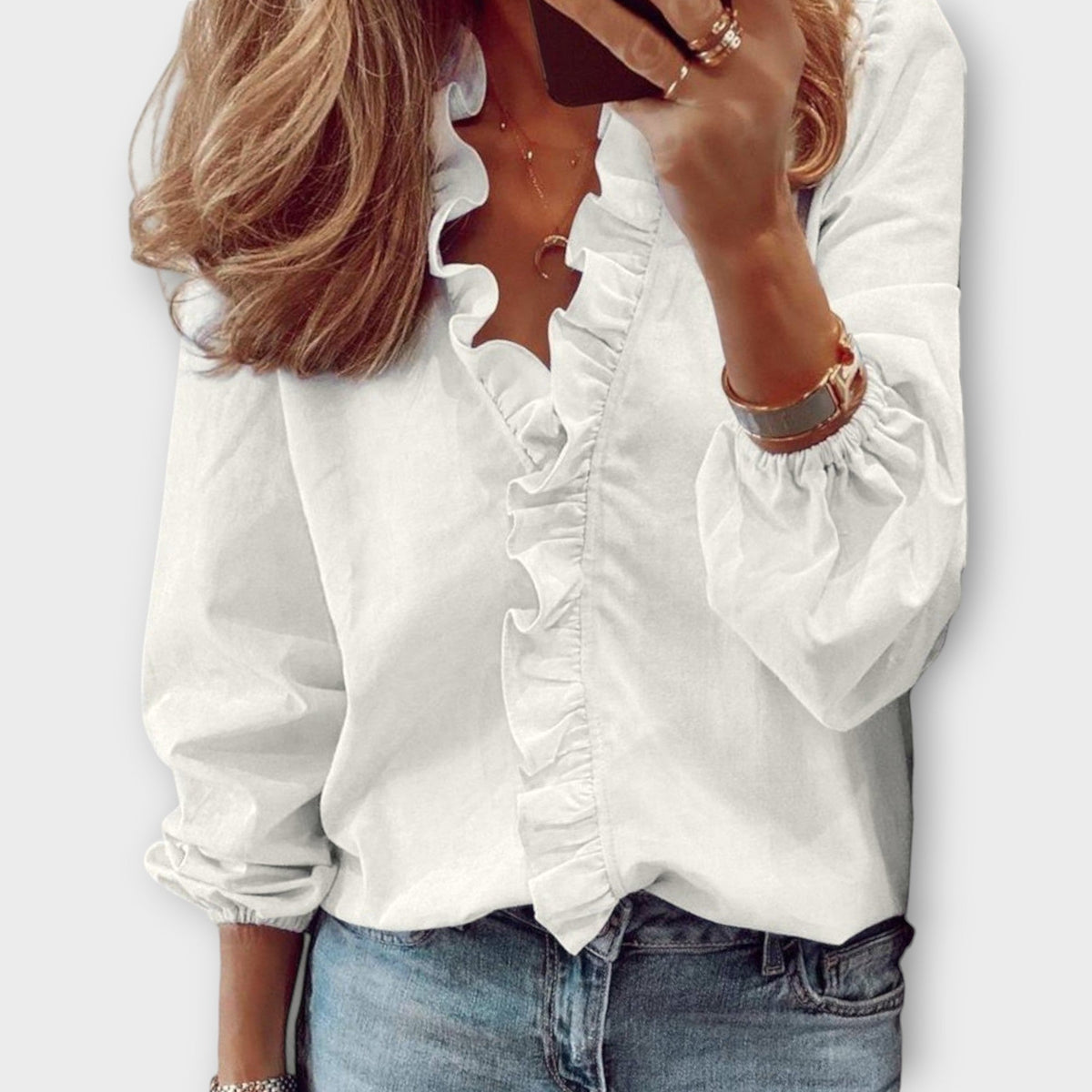 Flora | Women’s Ruffle V-Neck Blouse with Long Sleeve