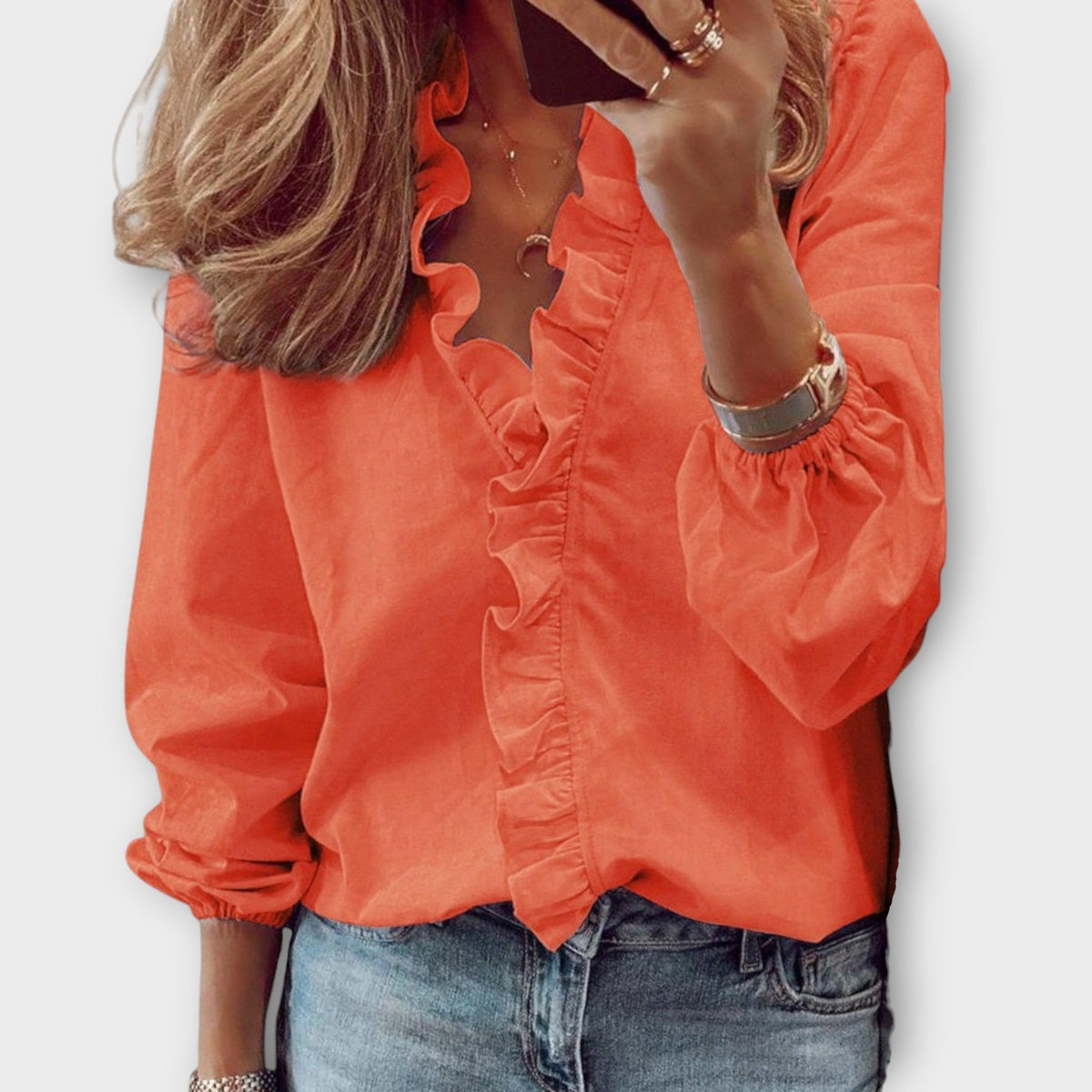 Flora | Women’s Ruffle V-Neck Blouse with Long Sleeve