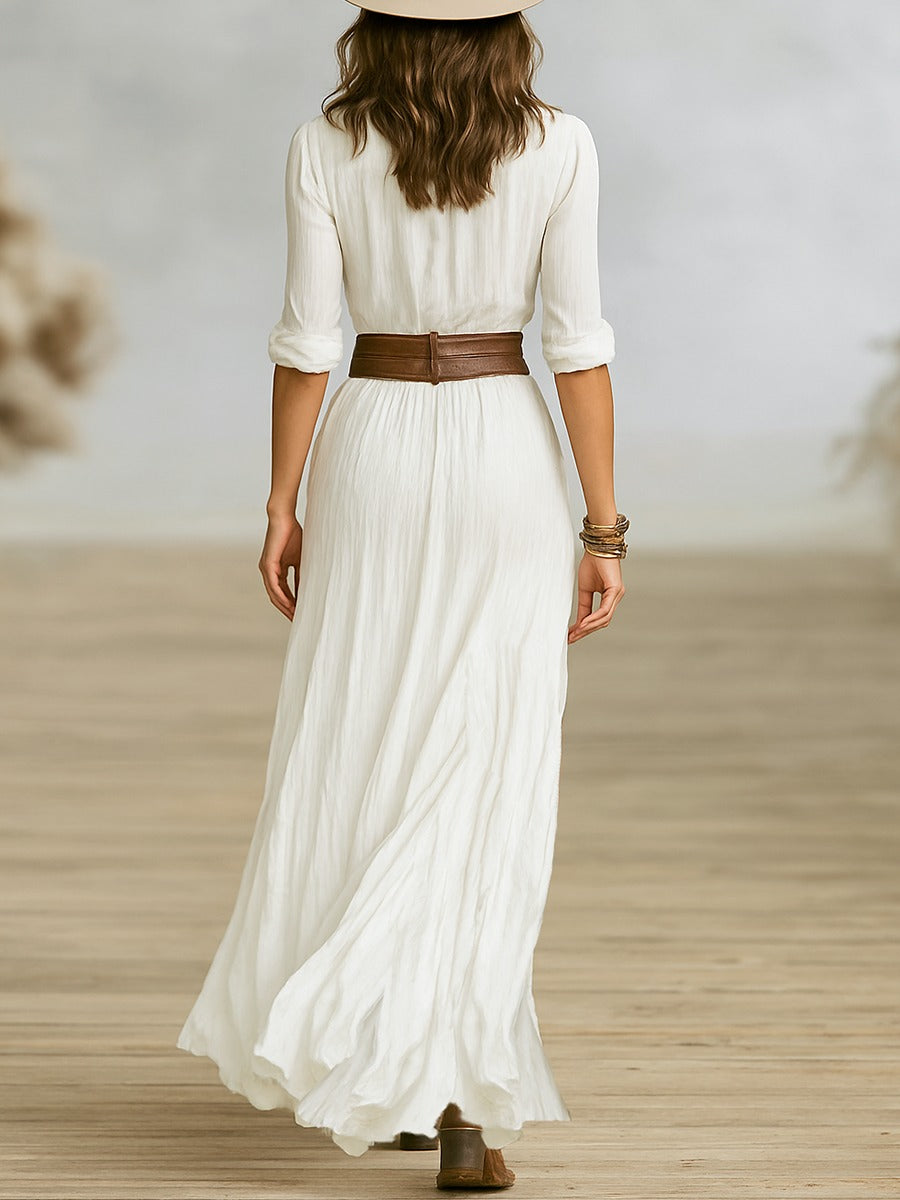 Crissa | Women’s Long Belted Dress with Pleated Lapels