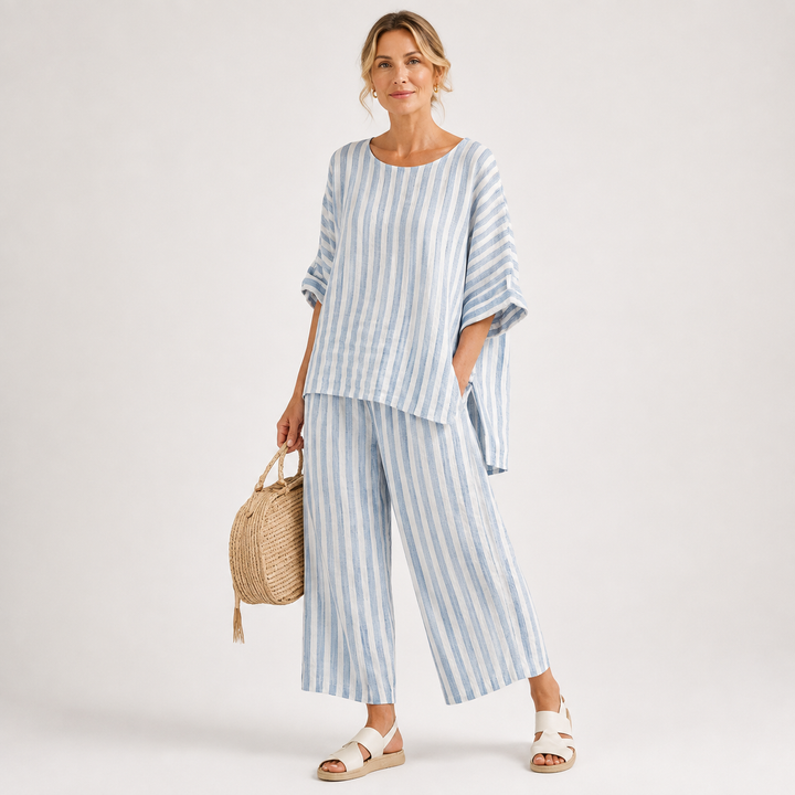 Matilda Young | Striped Linen Top &amp; Wide Leg Pants Set For Women
