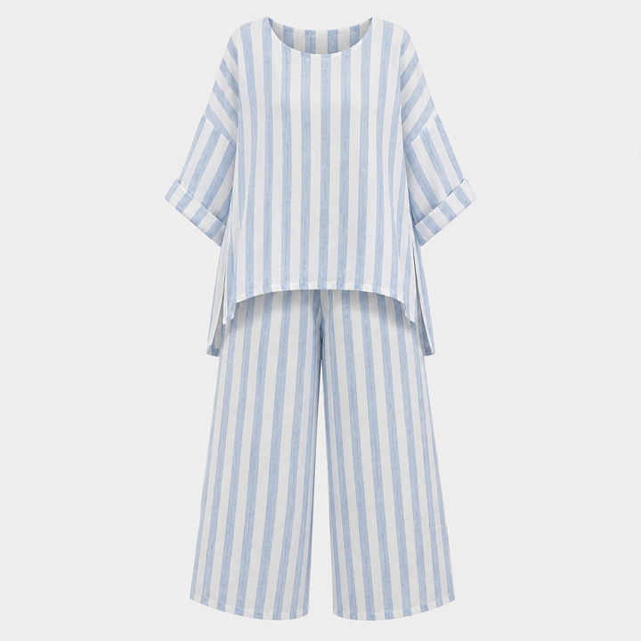 Matilda Young | Striped Linen Top &amp; Wide Leg Pants Set For Women