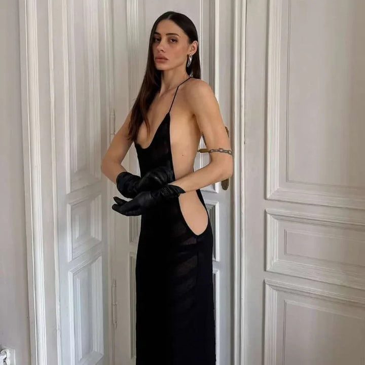 Sheer Mesh Halter Open Back Maxi Dress