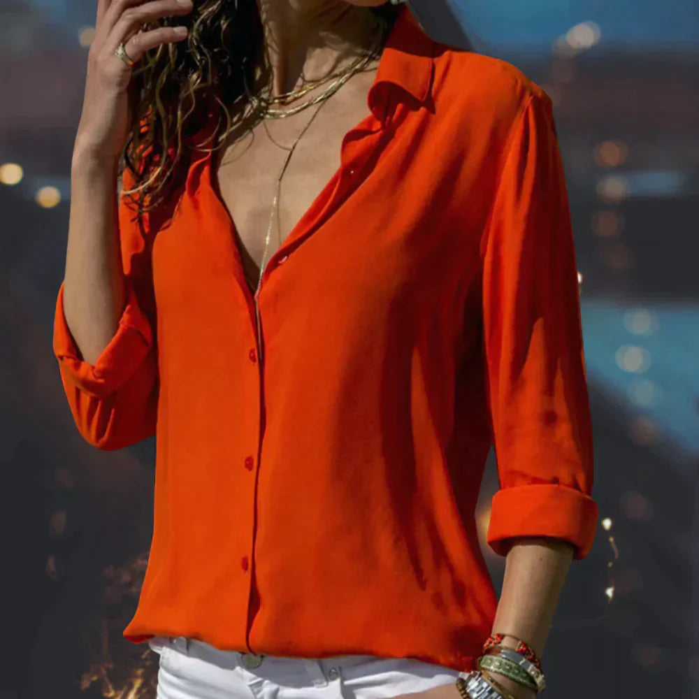 Kenna | Women’s Satin Button-Up Blouse with V-Neck