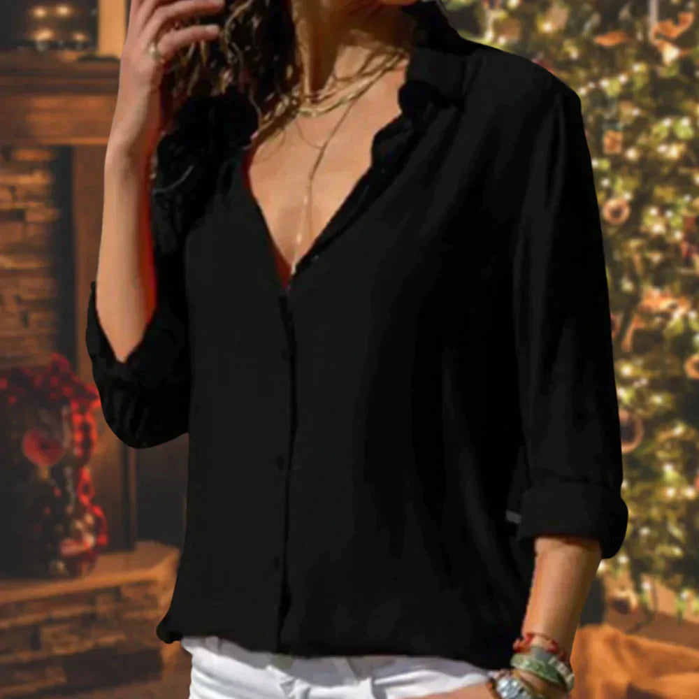 Kenna | Women’s Satin Button-Up Blouse with V-Neck