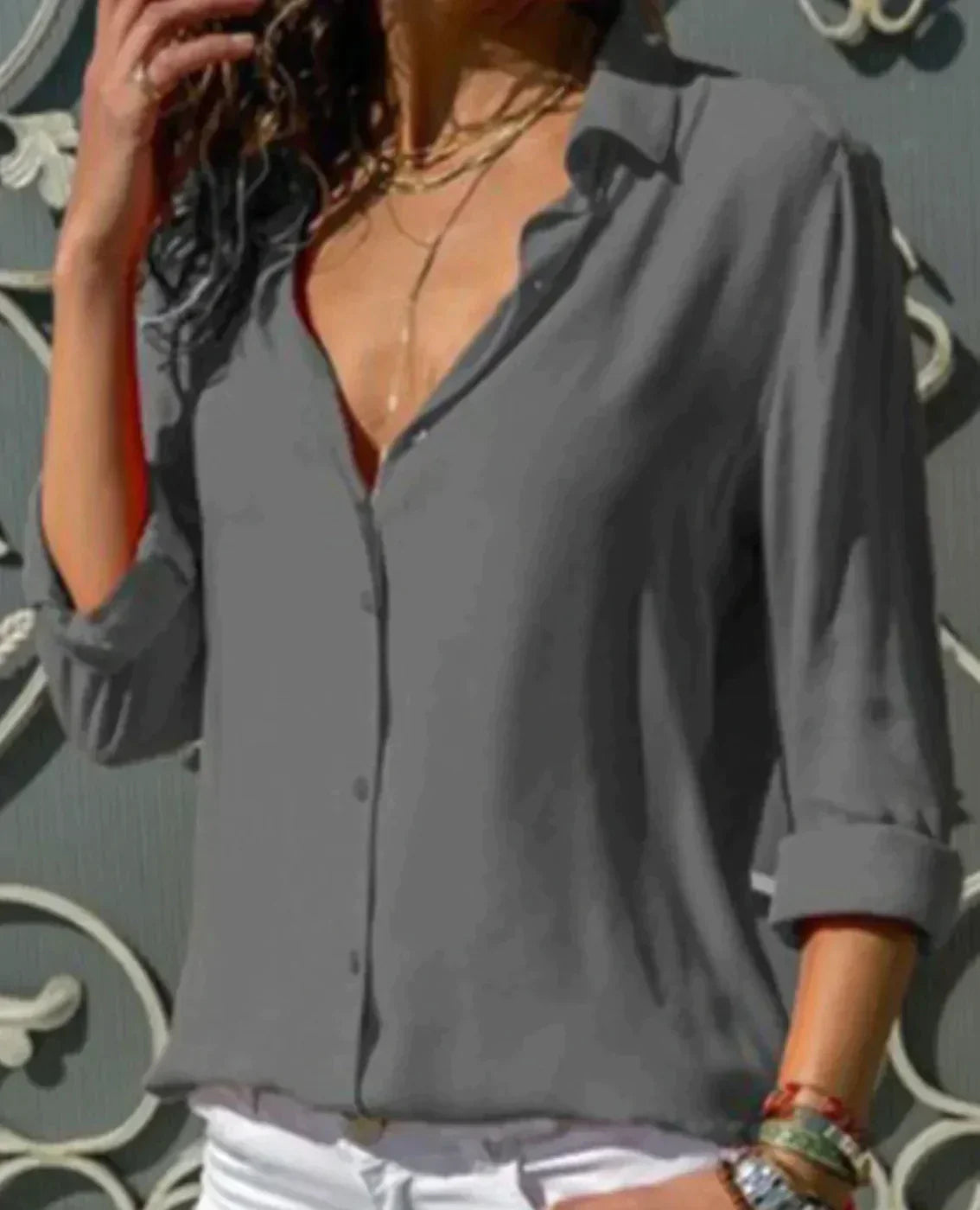 Kenna | Women’s Satin Button-Up Blouse with V-Neck