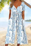 Wren | Women's Printed V-Neck Short Sleeve Jumpsuit Wide Leg